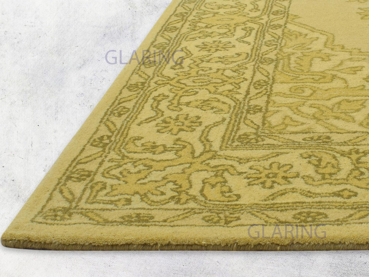 Handmade Gold Wool Rug with Ivory Floral Border Design