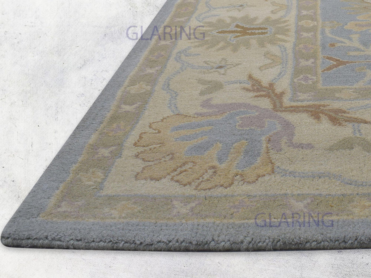 Handmade Sky Blue Wool Rug with Ivory Border
