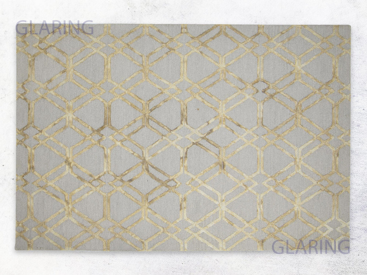 Handmade Grey and Gold Geometric Wool Area Rug with Hexagon Pattern