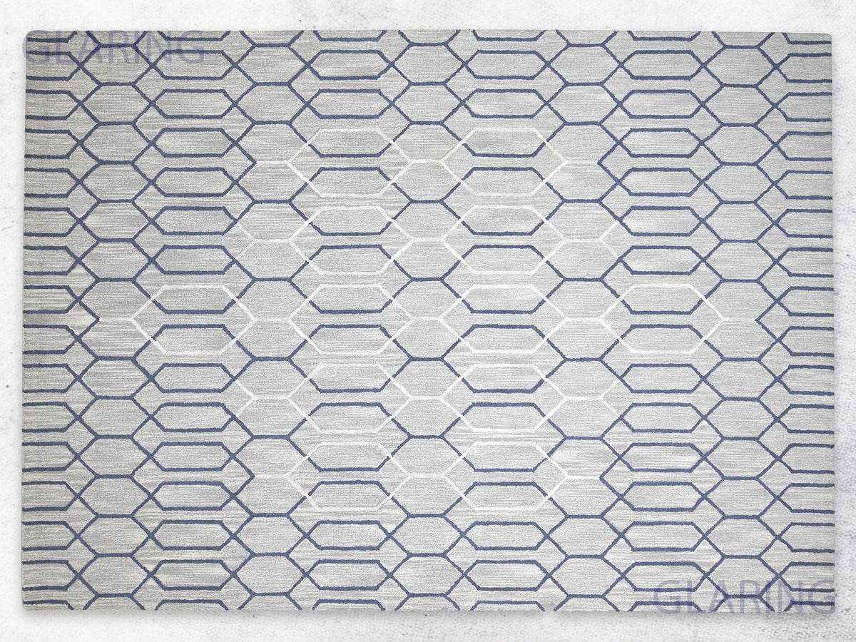 Handmade Grey and Navy Blue Geometric Wool Area Rug with Hexagon Pattern