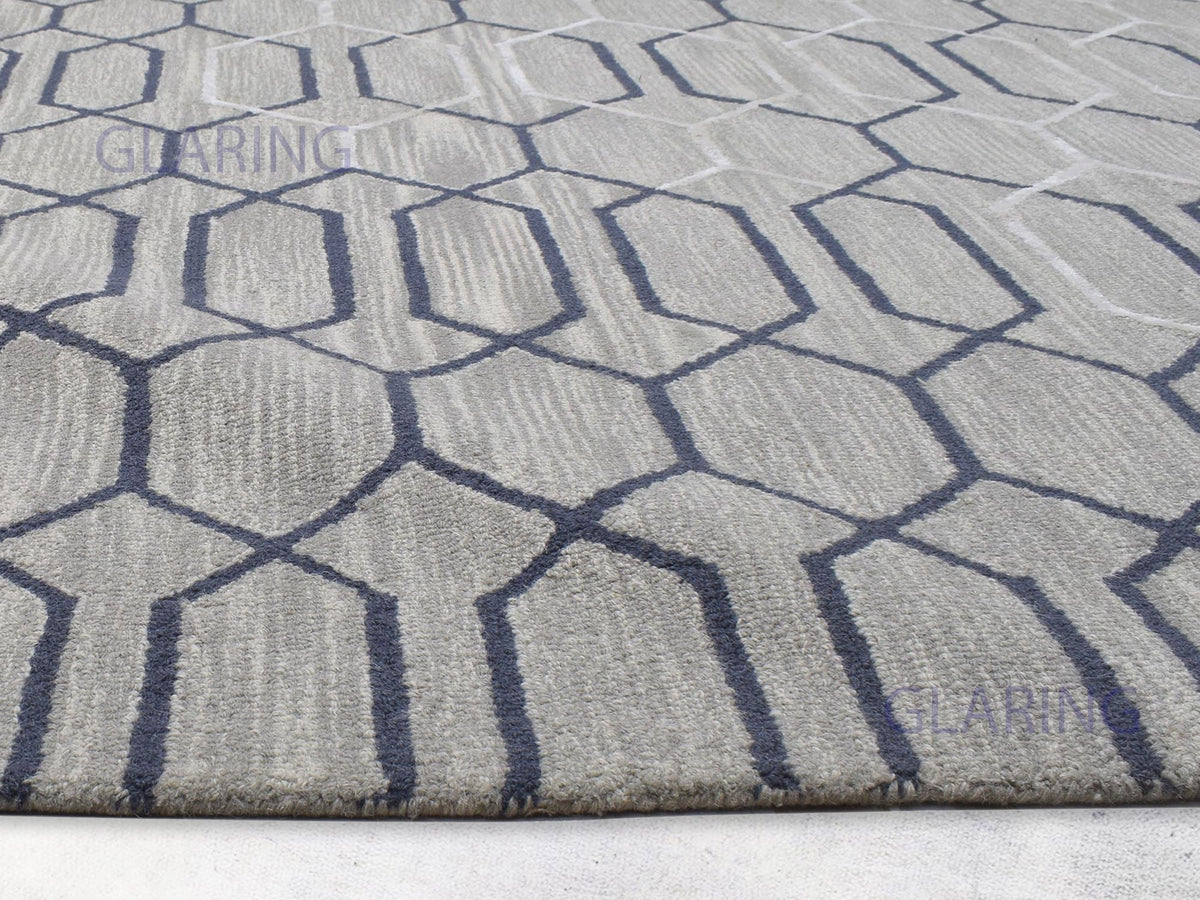 Modern Grey and Navy Blue Wool Rug with Geometric Design