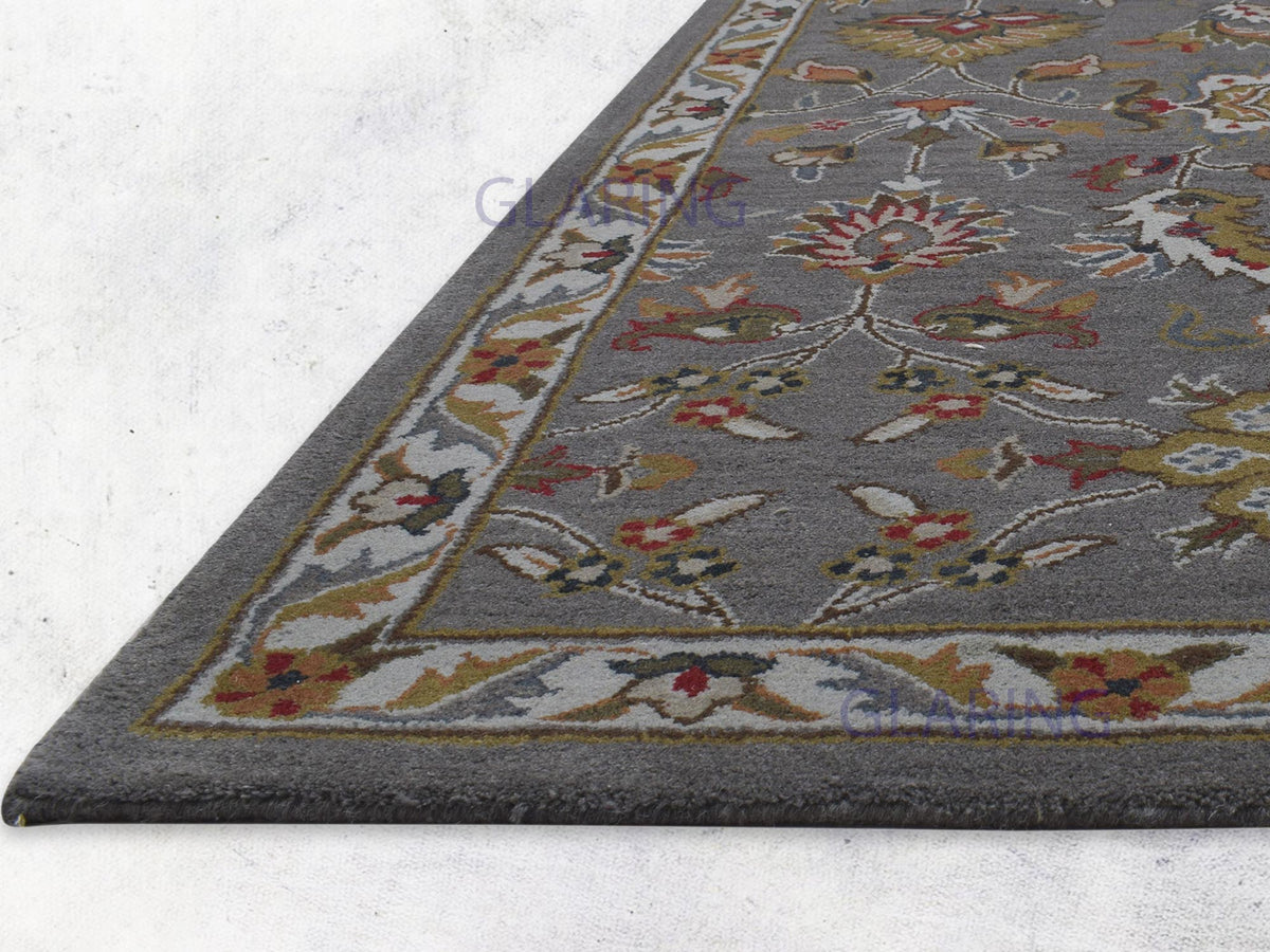 Oushak wool area rug | grey red & gold | traditional floral rug