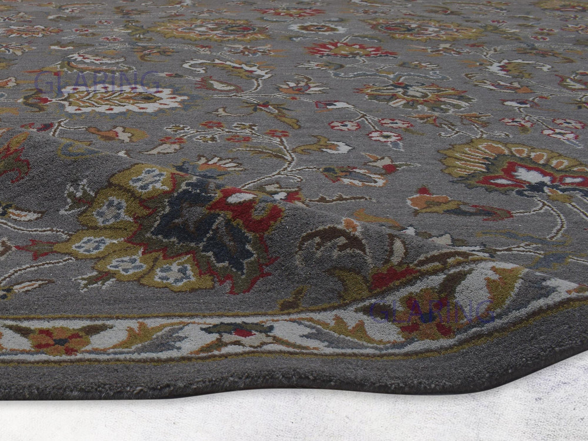Oushak wool area rug | grey red & gold | traditional floral rug
