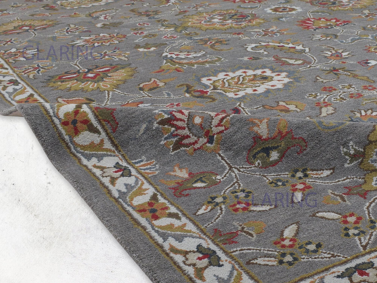 Oushak wool area rug | grey red & gold | traditional floral rug