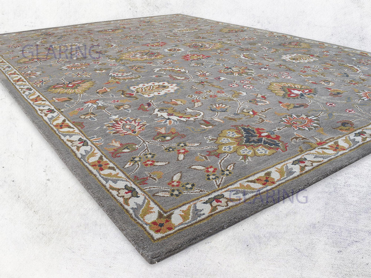 Oushak wool area rug | grey red & gold | traditional floral rug