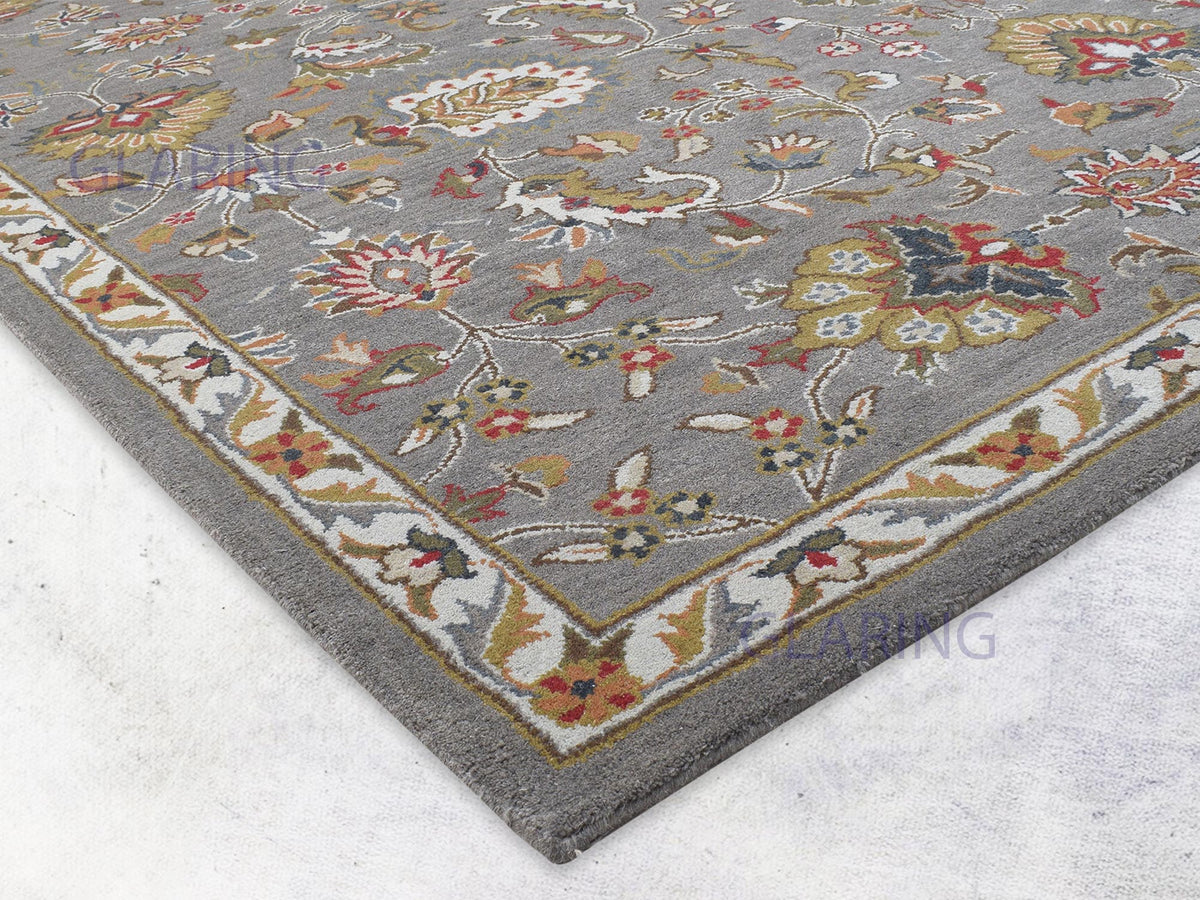 Oushak wool area rug | grey red & gold | traditional floral rug