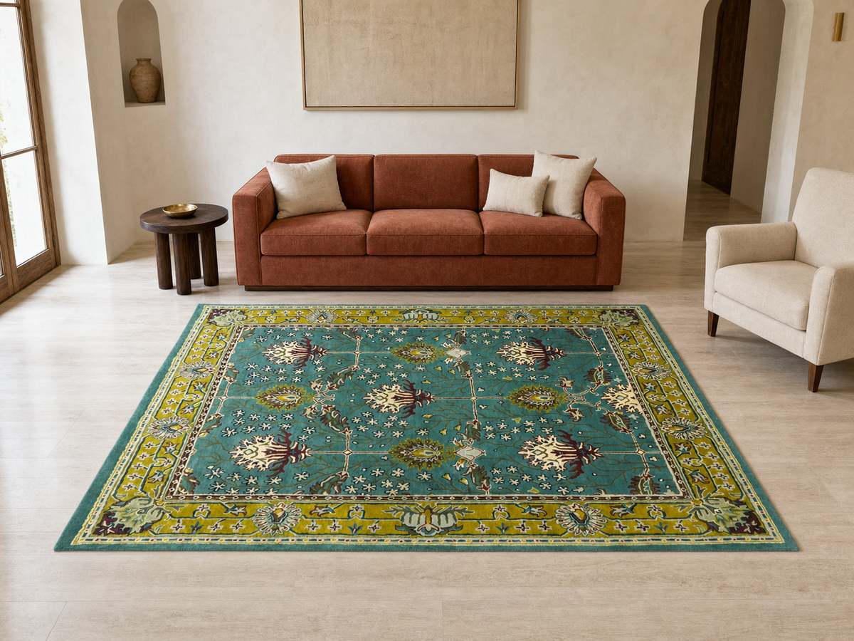 Handmade Persian Floral Rug | Teal Blue & Mustard Oriental Wool Rug