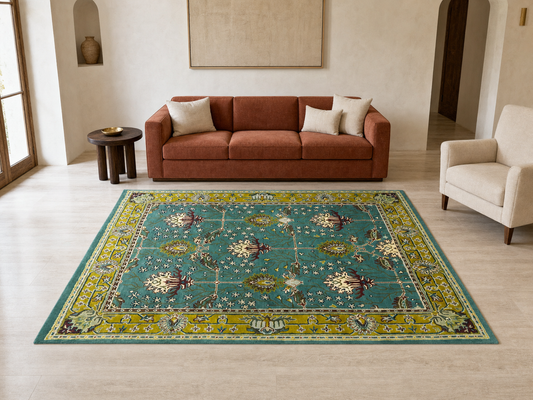 Handmade Persian Floral Rug | Teal Blue & Mustard Oriental Wool Rug