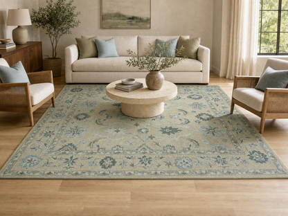 Vintage Oushak Rug | Blue Floral Area Rug | Handmade Persian Inspired Rug