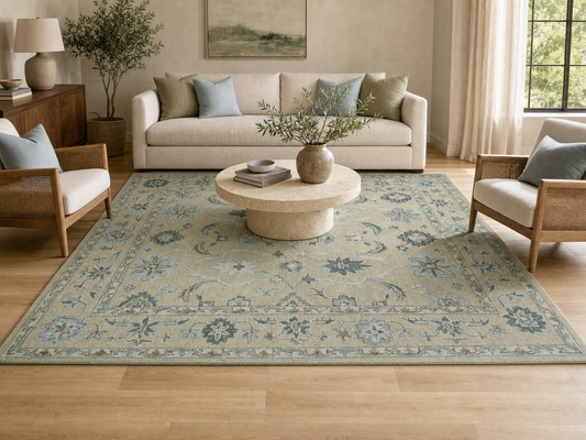 Vintage Oushak Rug | Blue Floral Area Rug | Handmade Persian Inspired Rug
