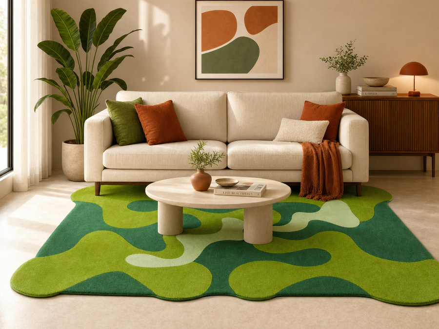 Moss Green Abstract Wool Rug | Hand-Tufted Modern Area Rug