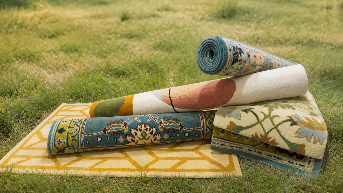 A collection of patterned Glaring Rugs rolled and layered outdoors