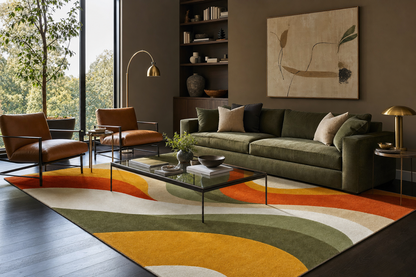Abstract Wave Wool Rug | Beige Rust Green Gold 8x10 Rug