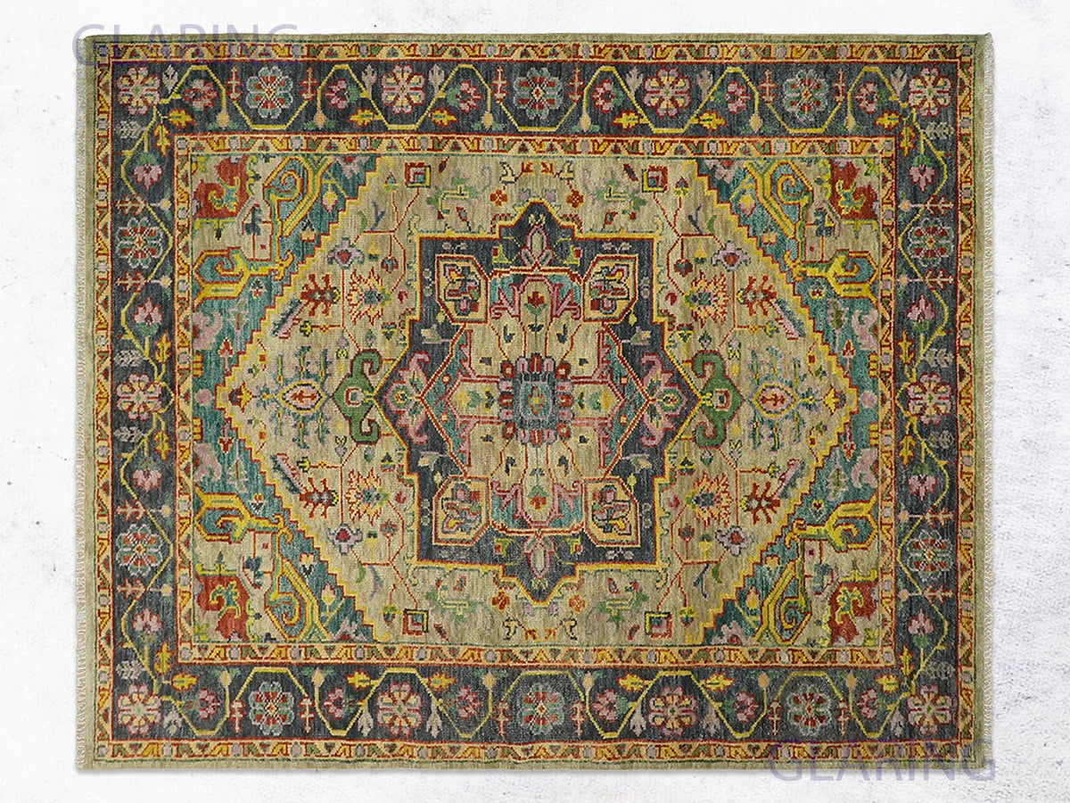 Sand navy serapi medallion rug with a stepped center and multicolor rose, yellow, and teal accents.