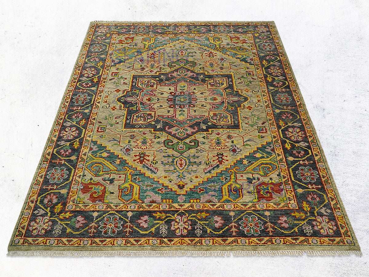 Hand Knotted Wool Oriental Rug | Traditional Persian Style Rug in Pink, Blue & Charcoal
