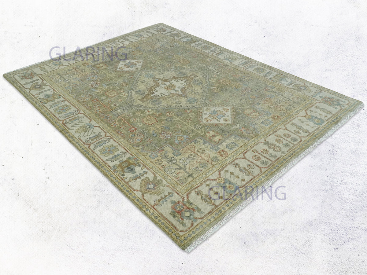 Handmade Olive Green and Ivory Wool Rug with Turkish Oushak Design