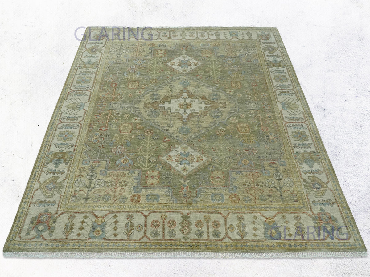 Hand-Knotted Traditional Rug | Heriz Design in Olive & Ivory