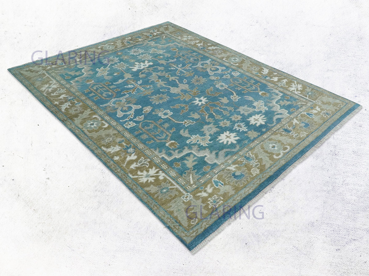 Blue Oushak Hand Tufted Wool Rug for Living Room