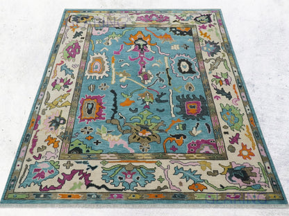 Hand-Knotted Traditional Rug | Oushak Design in Blue & Beige