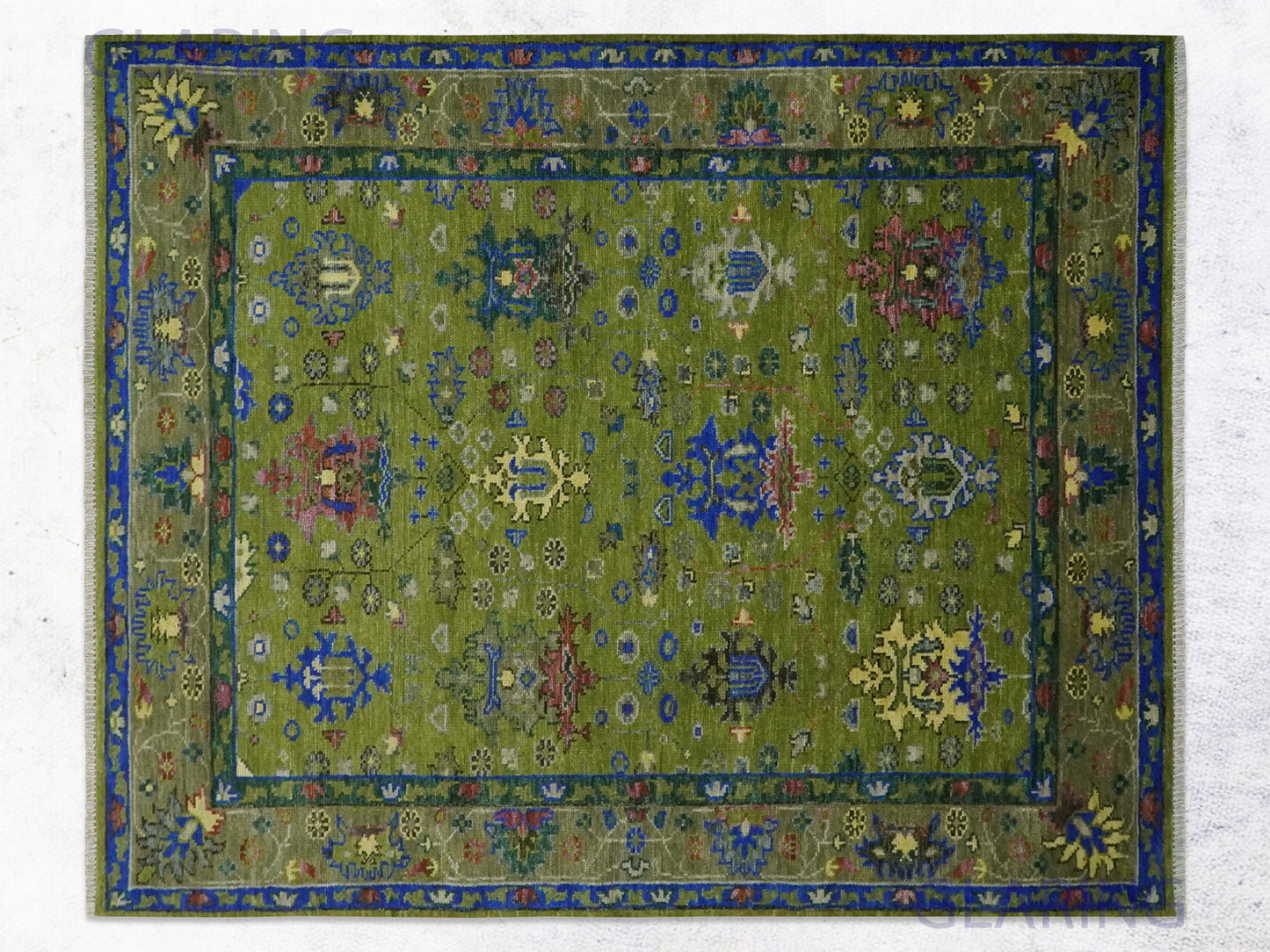 Hand-Knotted Traditional Rug | Oushak Design in Olive Green