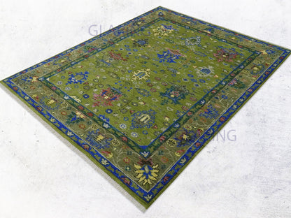 Hand-Knotted Traditional Rug | Oushak Design in Olive Green