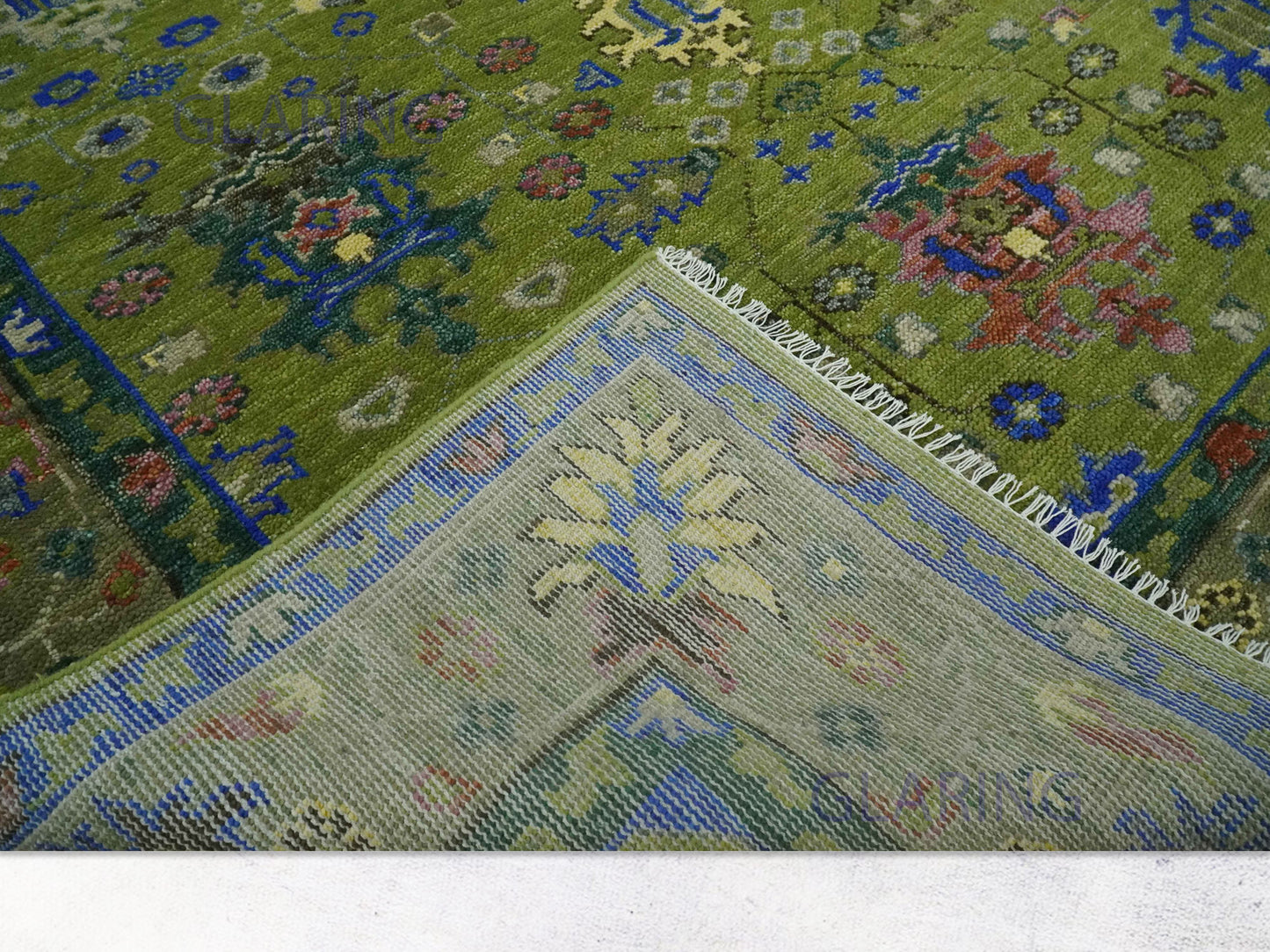 Hand-Knotted Traditional Rug | Oushak Design in Olive Green