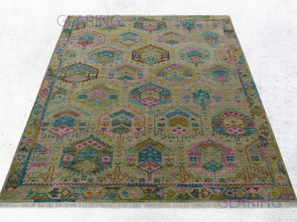 Hand-Knotted Traditional Rug | Floral Design in Olive & Gold