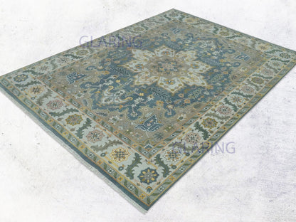Hand-Knotted Traditional Rug | Heriz Design in Teal Blue