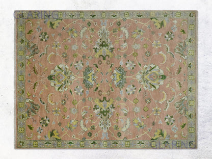 Hand-Knotted Traditional Rug | Floral Design in Peach & Green
