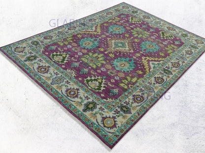 Hand-Knotted Traditional Rug | Oushak Design in Purple & Ivory