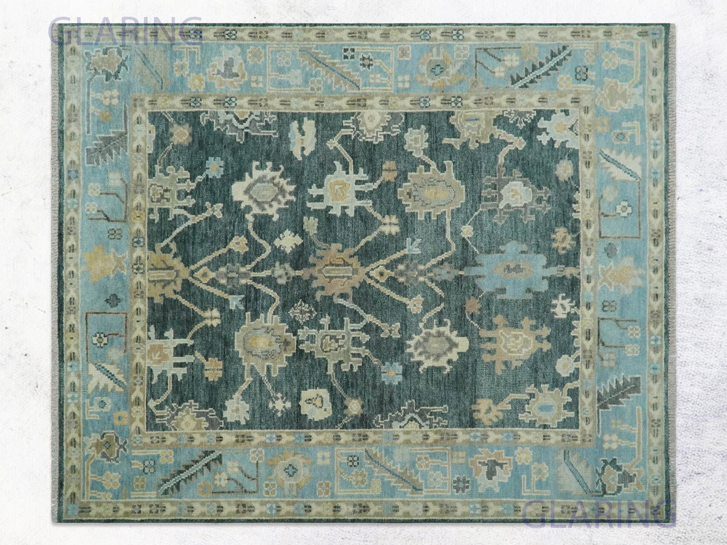 Hand-Knotted Traditional Rug | Oushak Design in Green & Blue