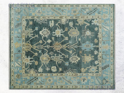 Hand-Knotted Traditional Rug | Oushak Design in Green & Blue