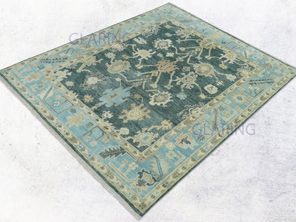 Hand-Knotted Traditional Rug | Oushak Design in Green & Blue