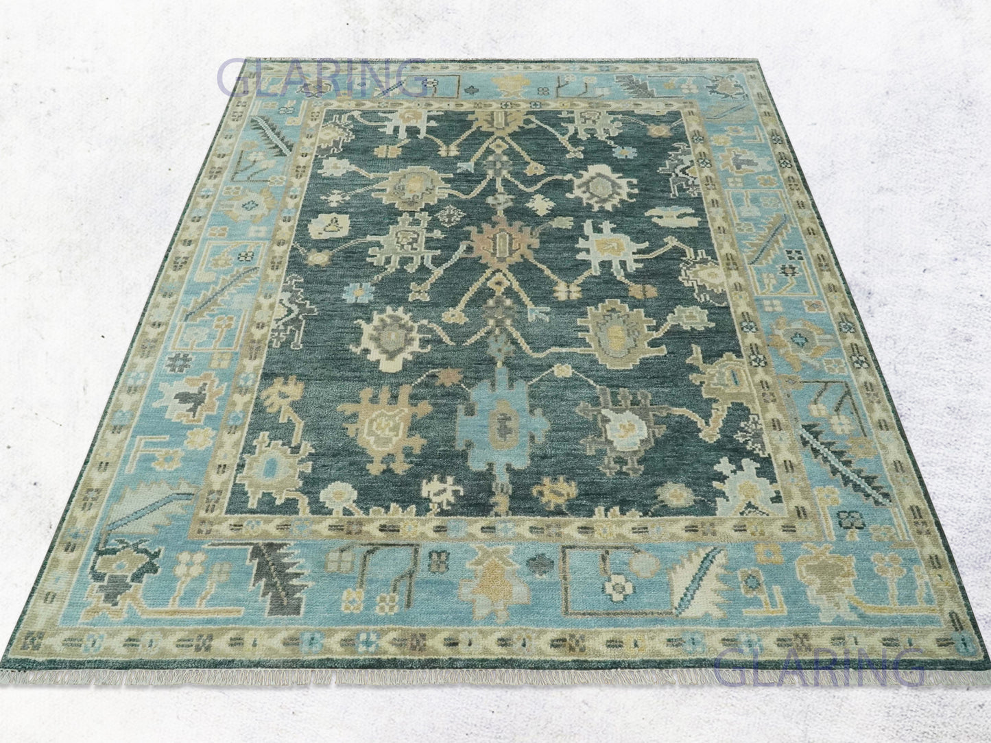 Hand-Knotted Traditional Rug | Oushak Design in Green & Blue