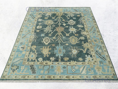 Hand-Knotted Traditional Rug | Oushak Design in Green & Blue