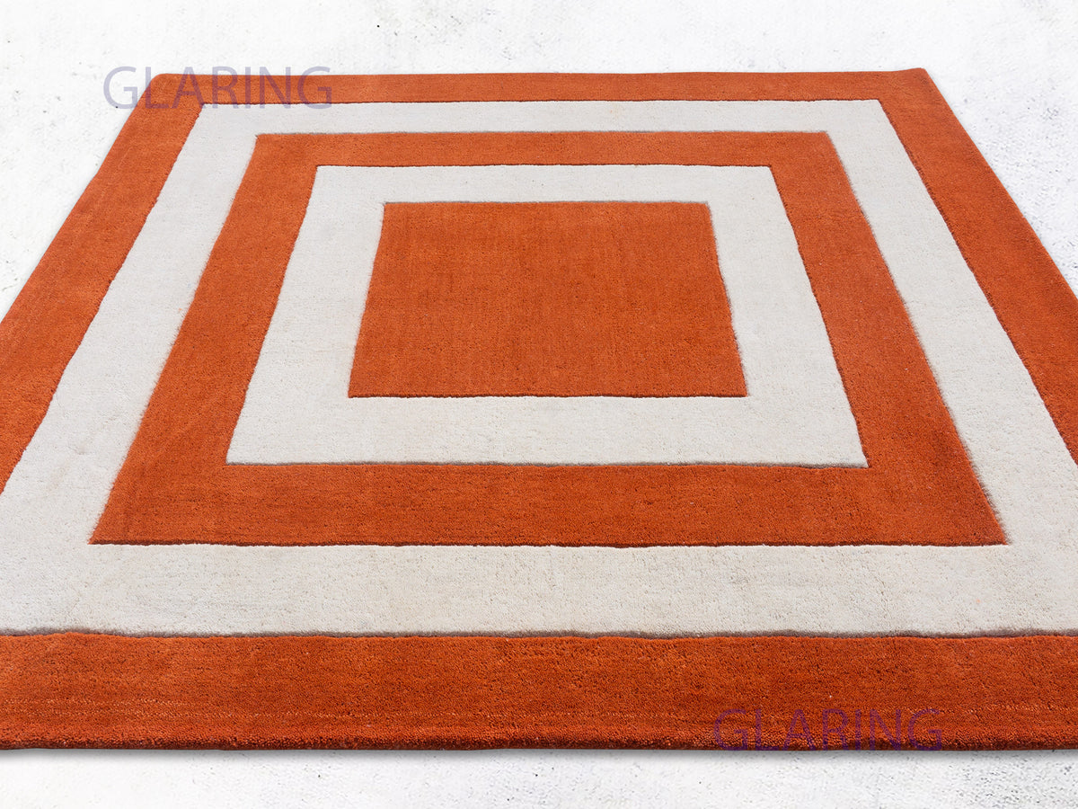 Handmade Modern Rug | Border Design in Orange & Ivory