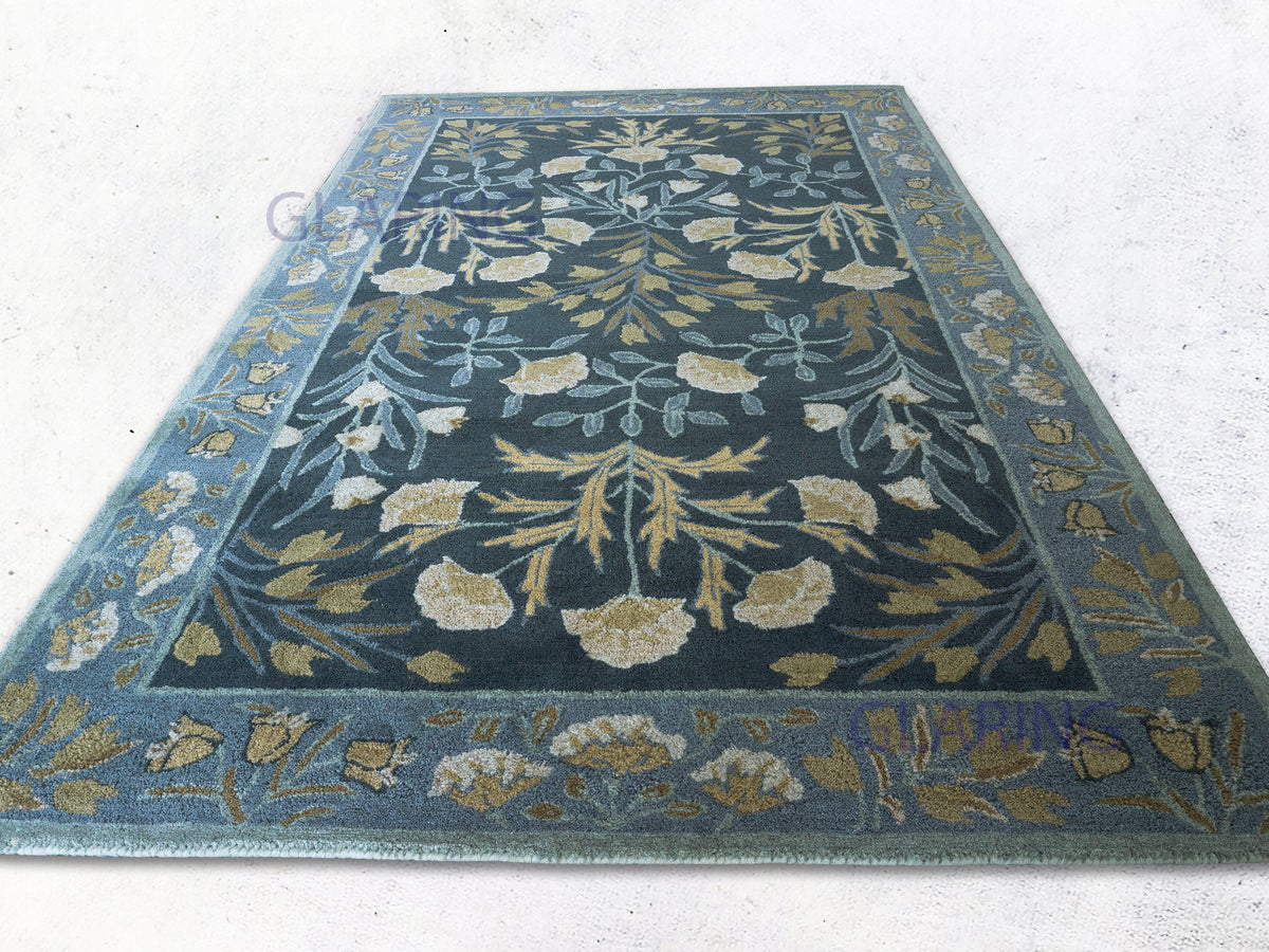 Traditional Navy Blue Floral Hand Tufted Wool Rug for Living Room