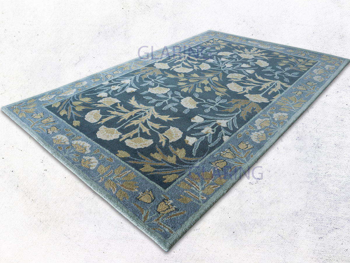 Handmade Navy Blue Wool Rug with Ivory Flowers and Olive Leaves