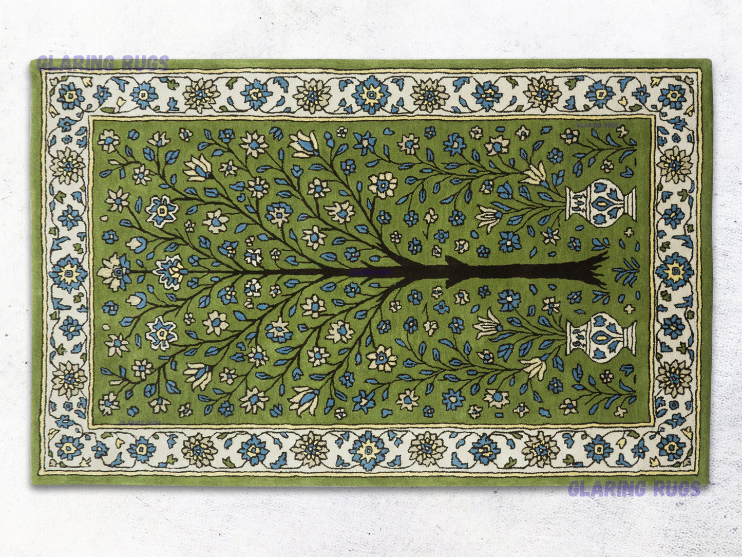 Handmade Wool Tree Rug – Green Persian Floral Rug | Hand-Tufted Traditional Art Decor for Living Room & Bedroom