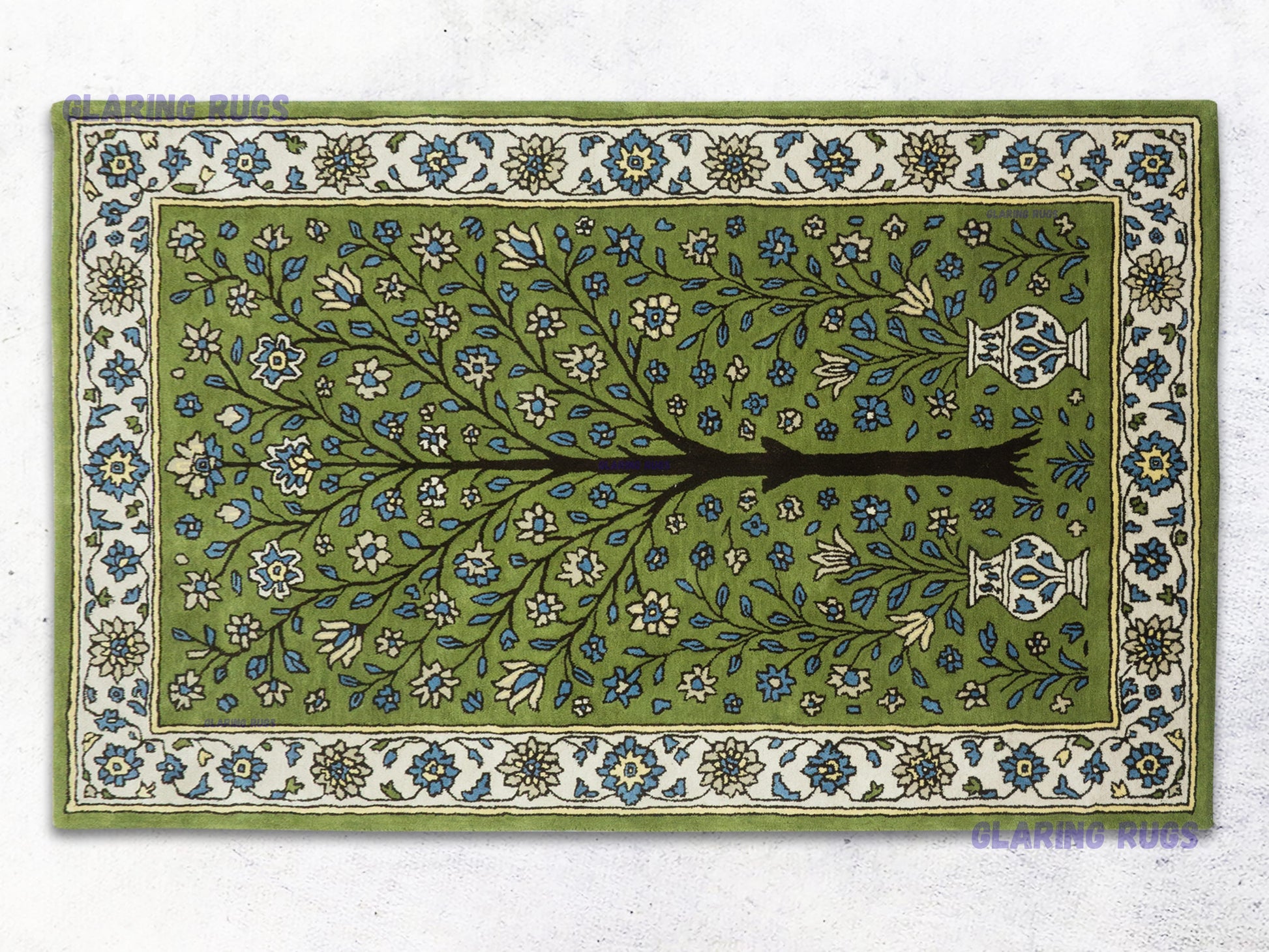 Handmade Wool Tree Rug – Green Persian Floral Rug | Hand-Tufted Traditional Art Decor for Living Room & Bedroom