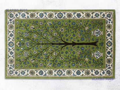Handmade Wool Tree Rug – Green Persian Floral Rug | Hand-Tufted Traditional Art Decor for Living Room & Bedroom