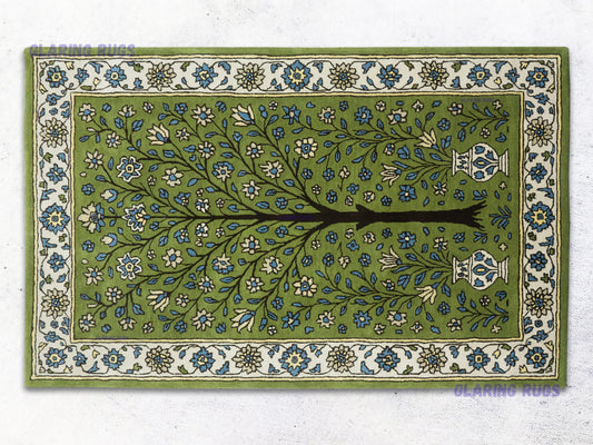Handmade Wool Tree Rug – Green Persian Floral Rug | Hand-Tufted Traditional Art Decor for Living Room & Bedroom