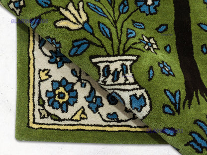 Handmade Wool Tree of Life Rug – Green Persian Floral Design