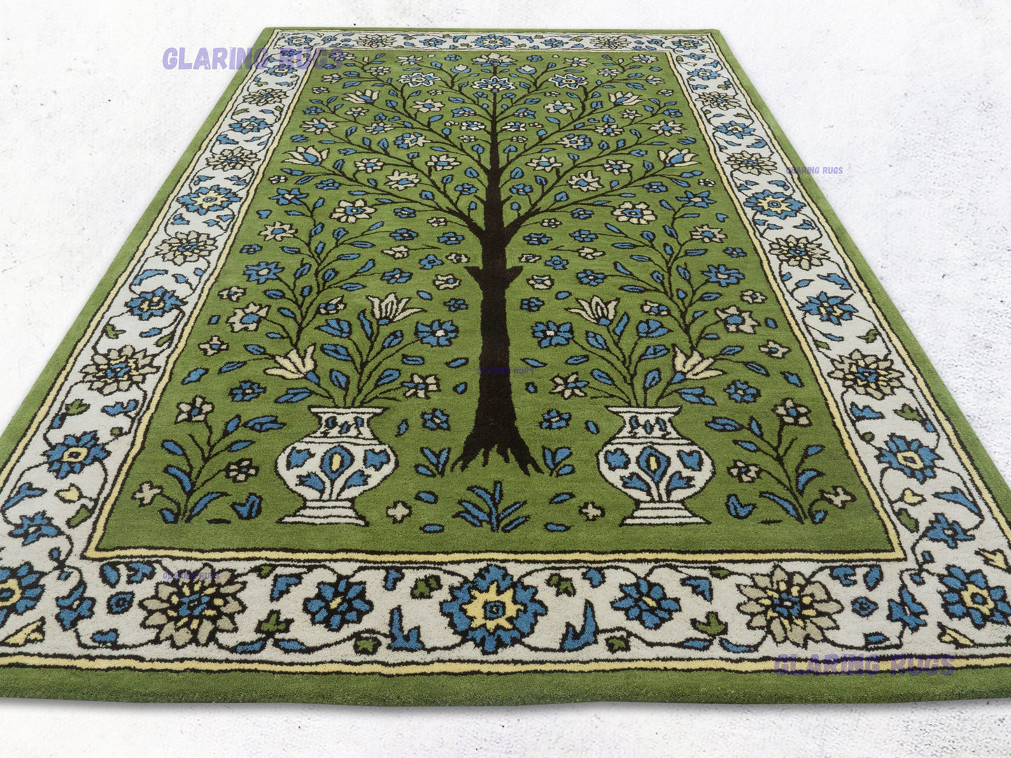 Handmade Wool Tree of Life Rug – Green Persian Floral Design