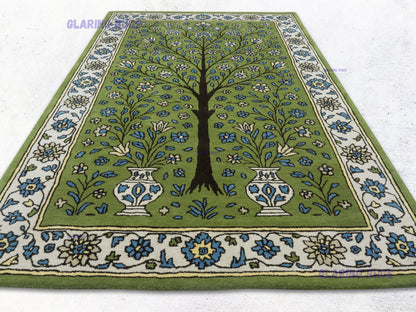 Handmade Wool Tree of Life Rug – Green Persian Floral Design