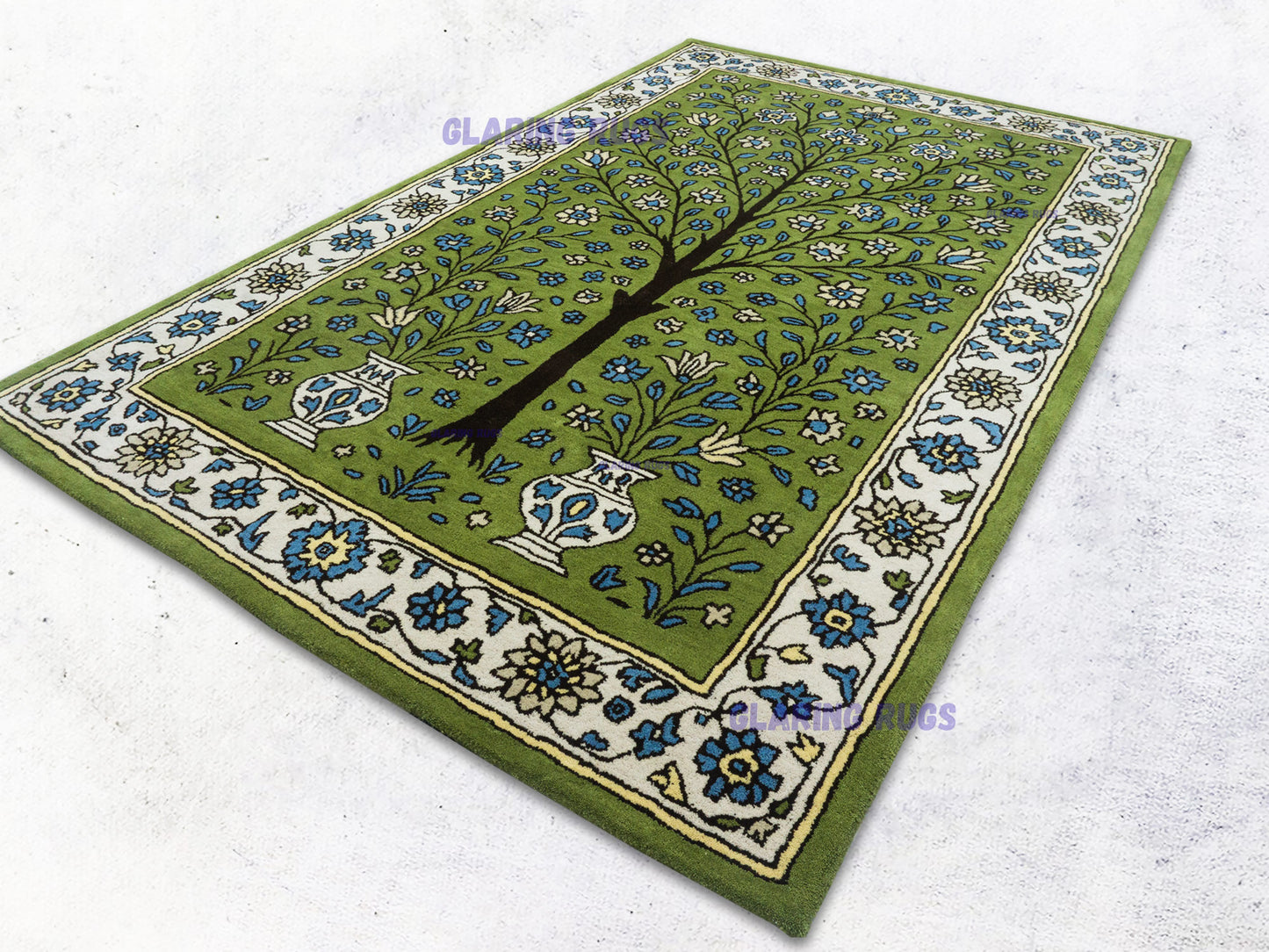 Handmade Wool Tree of Life Rug – Green Persian Floral Design