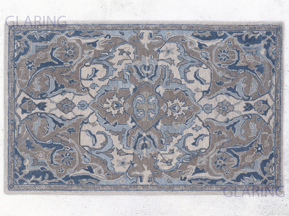 Handmade Blue and Beige Traditional Wool Rug for Living Room