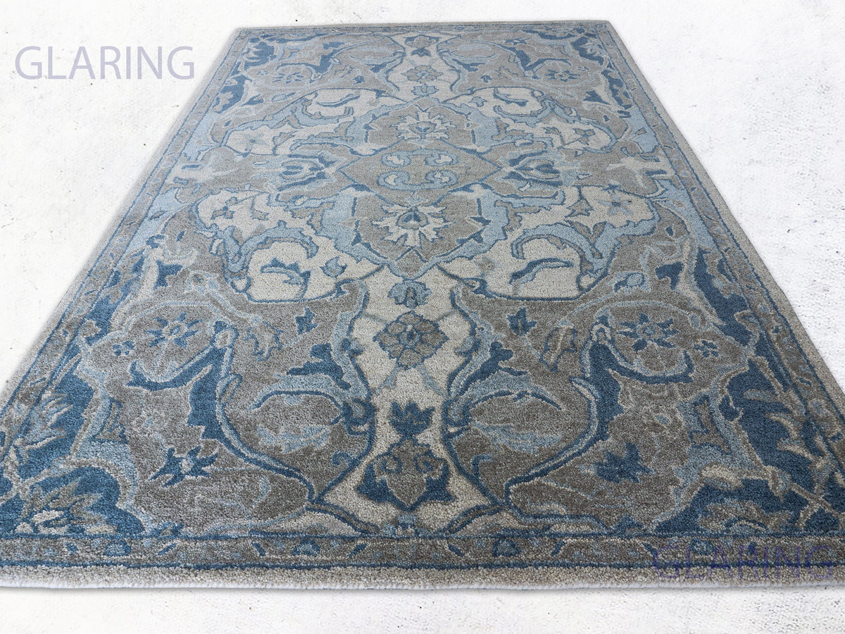 Handmade Blue Beige Floral Wool Rug for Living Room and Bedroom