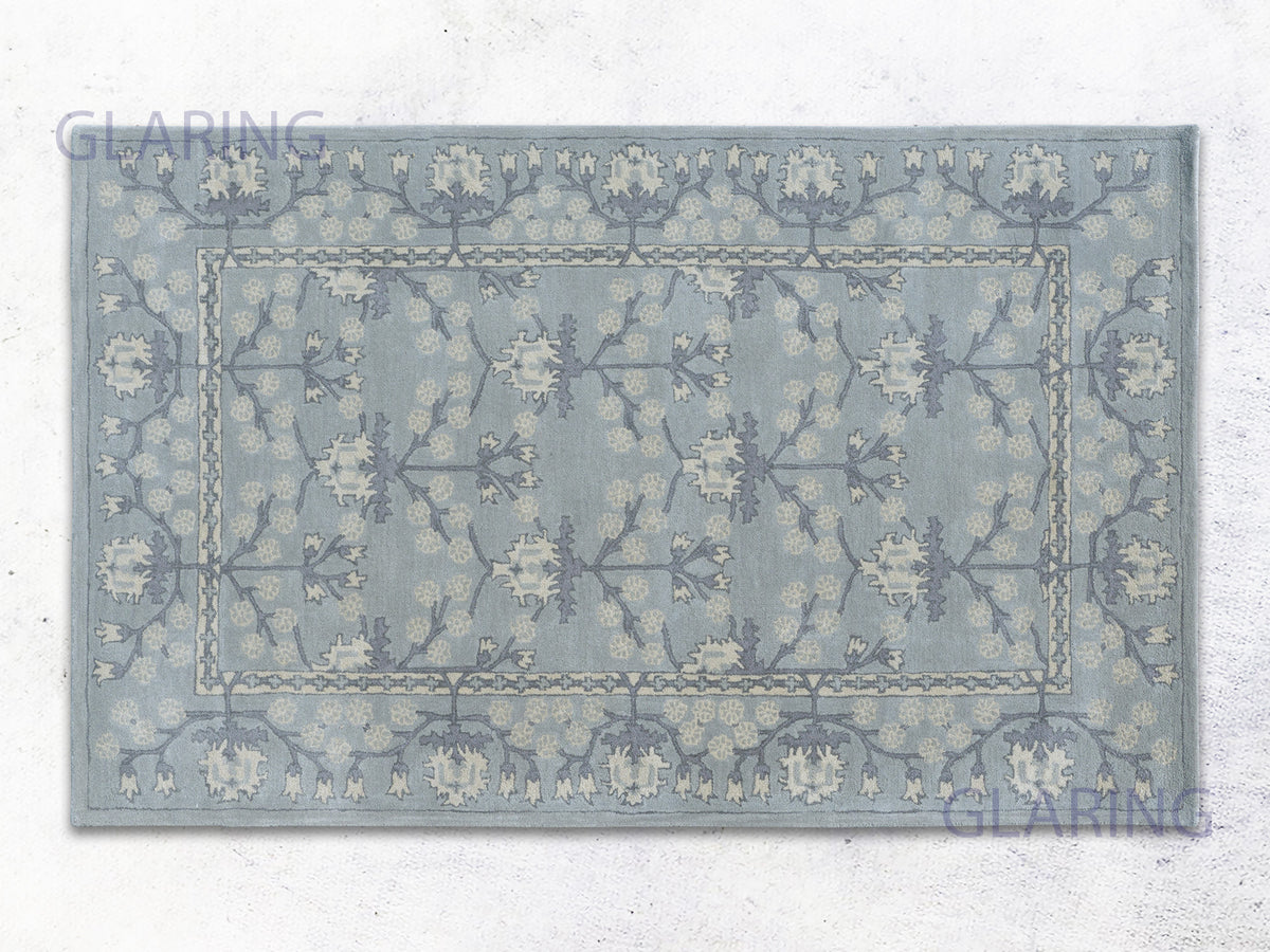 Handmade Light Blue Oushak Wool Area Rug with Vintage Floral Pattern