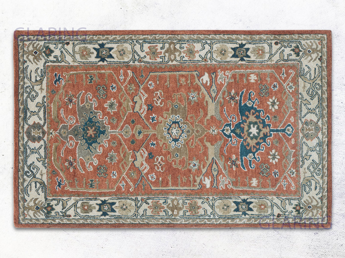 Handmade Terracotta Persian Wool Area Rug with Traditional Floral Pattern